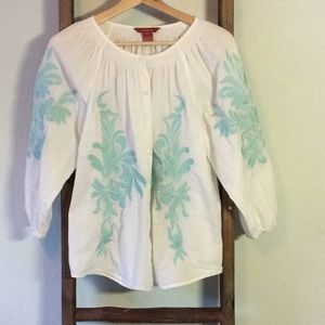 Sundance white  peasant blouse w/aqua embroidery